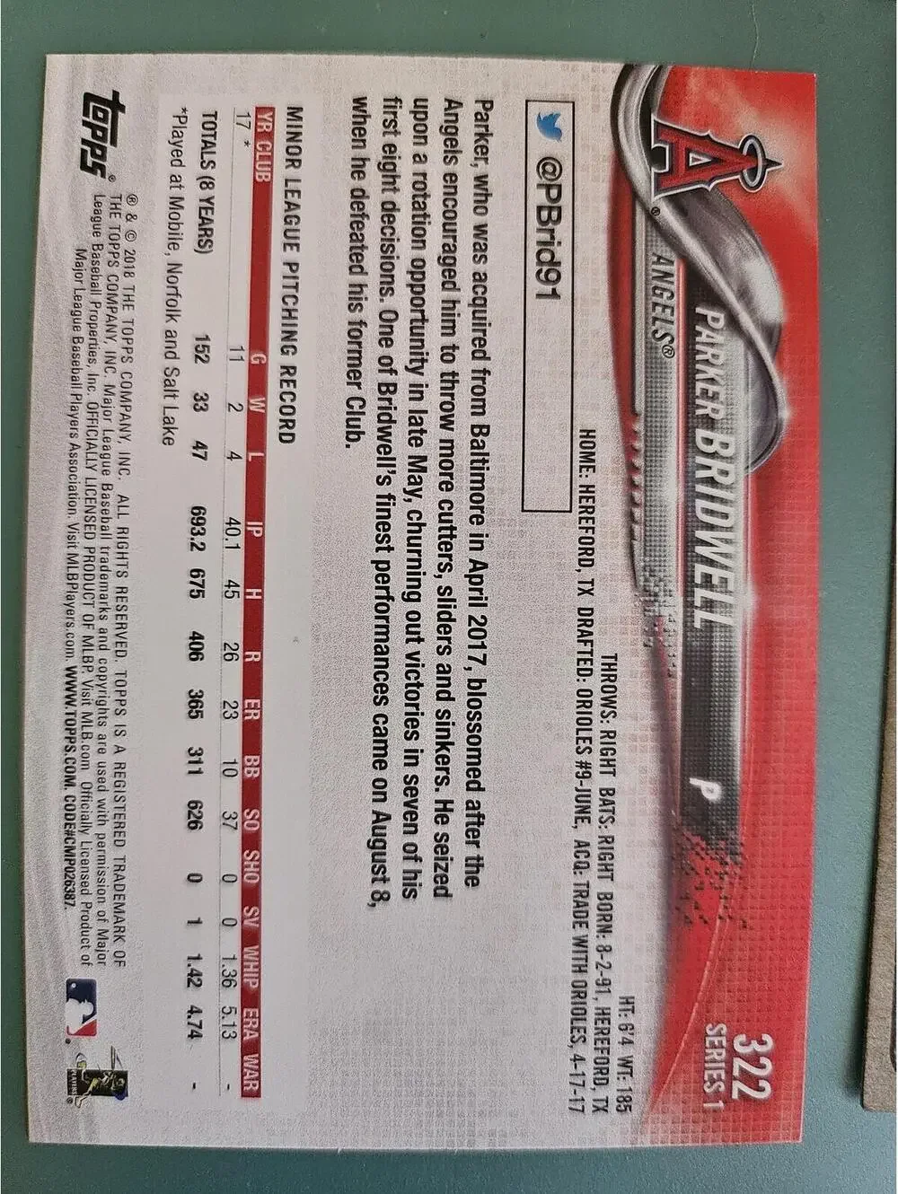 PARKER BRIDWELL 2018 Topps Series 1 Rookie #322 Los Angeles Angels foil - Picture 2 of 2